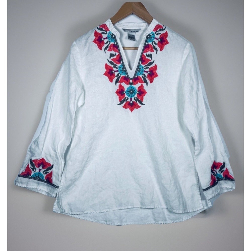 TSD Two‎ Star Dog Womens Small White Linen Embroidered Floral Boho Peasant Top